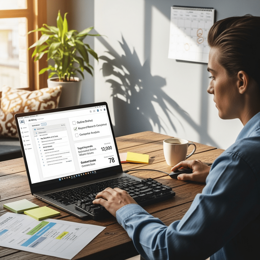Content strategist reviewing an AI content workflow with checklists, charts, and a calendar displayed on a laptop.