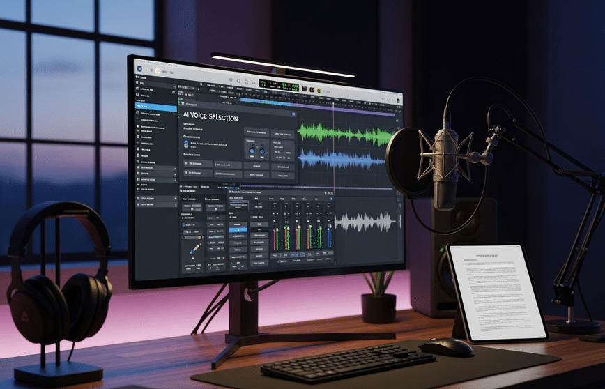 Creator at a YouTube desk viewing an AI voice panel, with a mic, headphones, and an open script ready for narration.